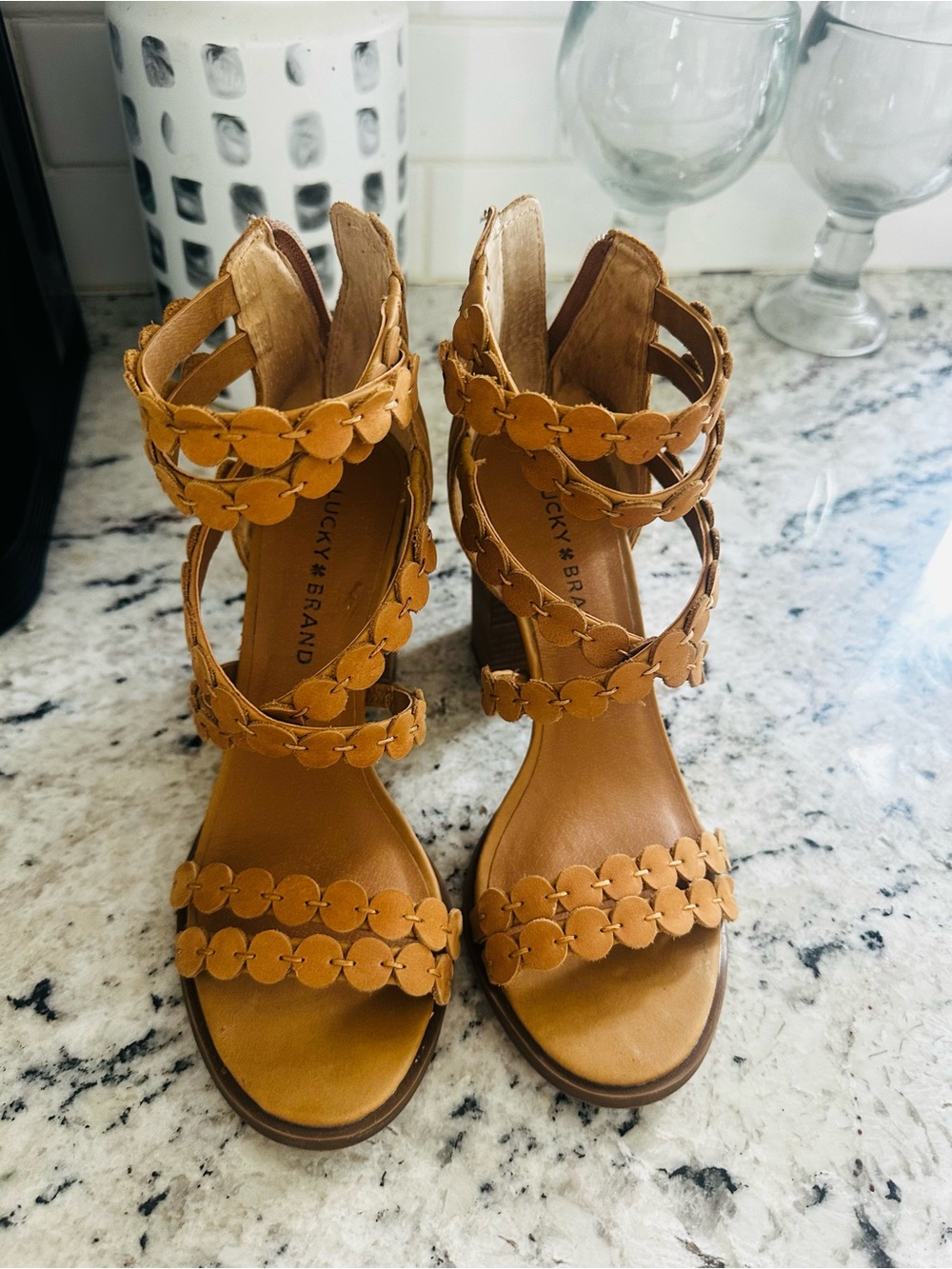 Lucky Brand Tan Floral Strap Block Heel Sandals